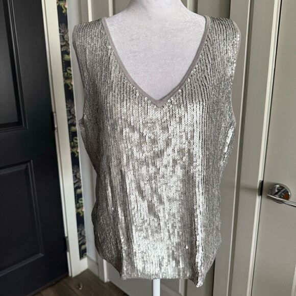 NWOT Bloomingdale’s Silver Sequins Silk and Cashmere Sleeveless Sweater Size XL - Picture 1 of 6